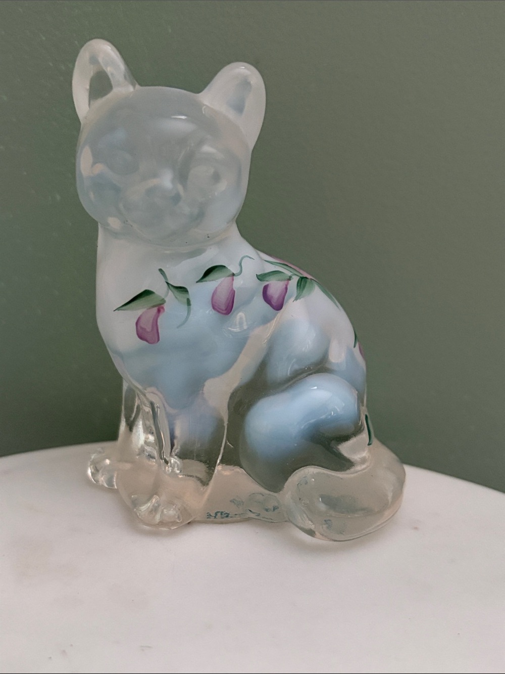 Vintage Fenton hand painted art glass cat - opalescent